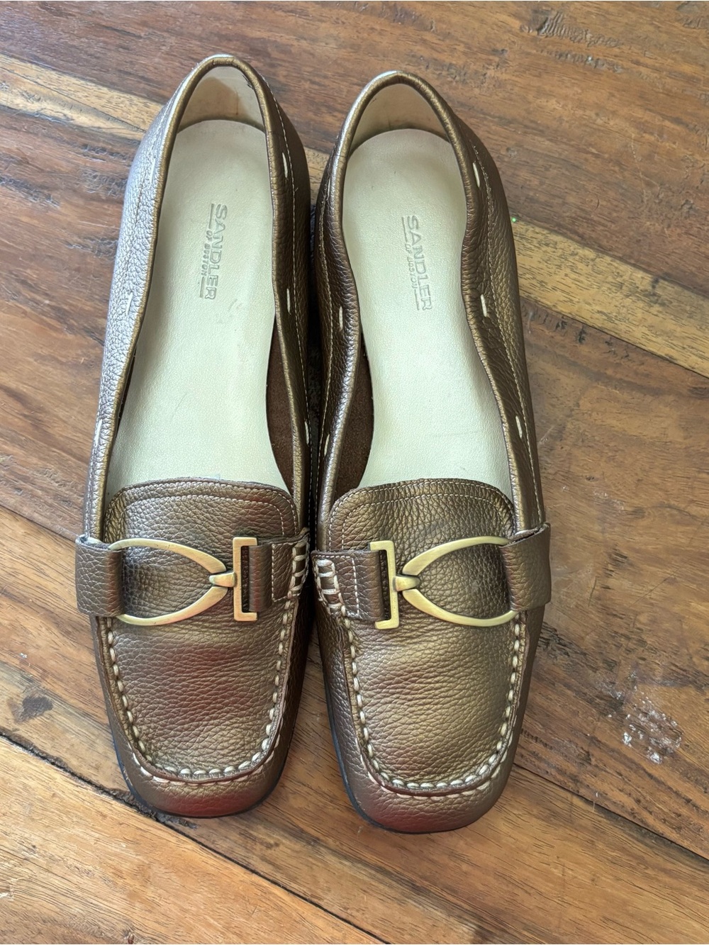 Sandler Metallic Bronze Leather Loafers with Gold Buckle